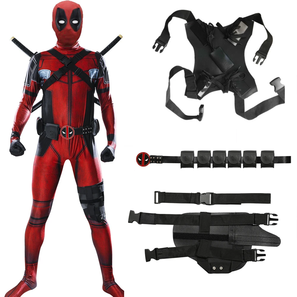 Marvel Deadpool Cosplay Full Body Kostuum Voor Kinderen Volwassenen 3d Patroon Jumsuit Bodysuit Met Rijke Accessoires Deadpool Cloak Cape