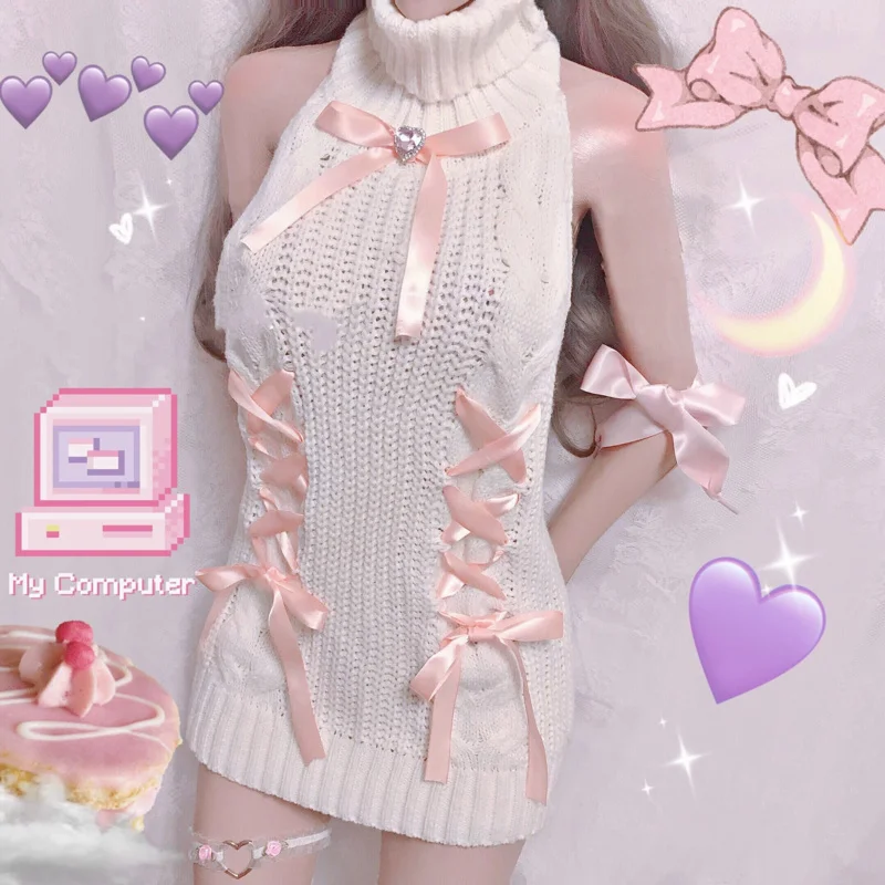 2025 New Sweet Girl Crochet Turtleneck Hollow Out Off Shoulder Virgin Killer Pullover Japanese Knitted Sexy Backless Women s1d2g