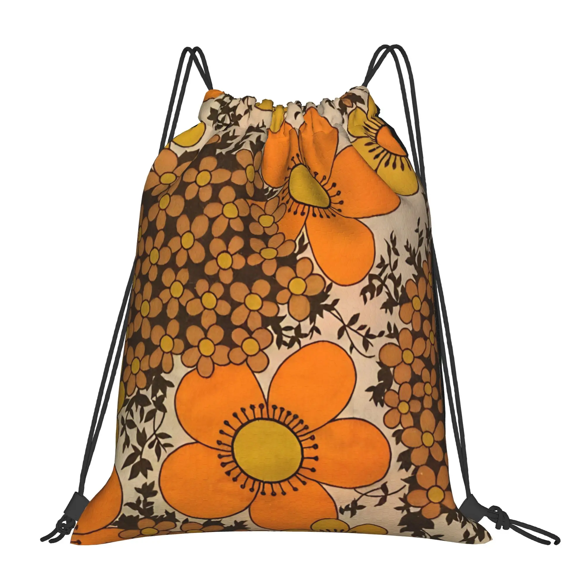 Floral 60s 70s orange floral Portable Hiking Riding Gym Drawstring Storage Sporty Backpacks