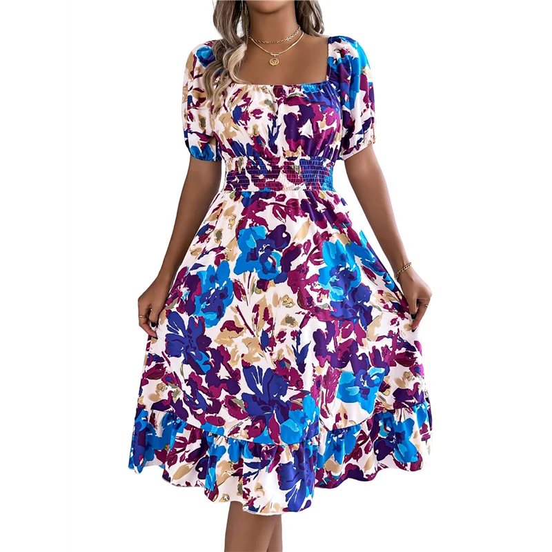 ABP-Vestiti casual estivi da donna 2025 Abito longuette smock floreale Boho con maniche a sbuffo e collo quadrato a trapezio