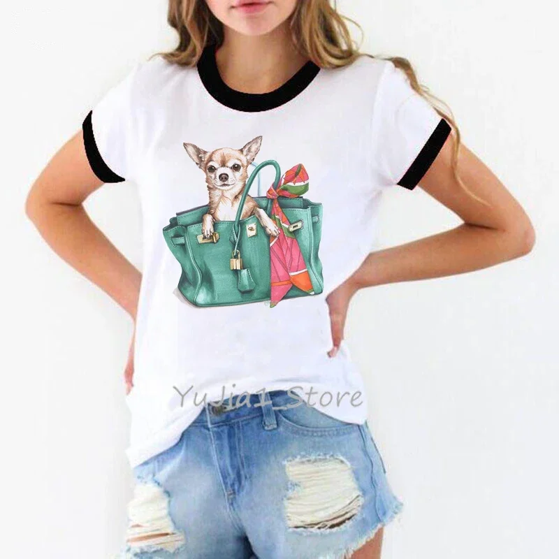 Cute Chihuahua In Bag Print Women Shirt Dog Lover Clothes Tee Shirt Femme Kawaii T Shirt White Female T-Shirt Diy Custom Tshirt