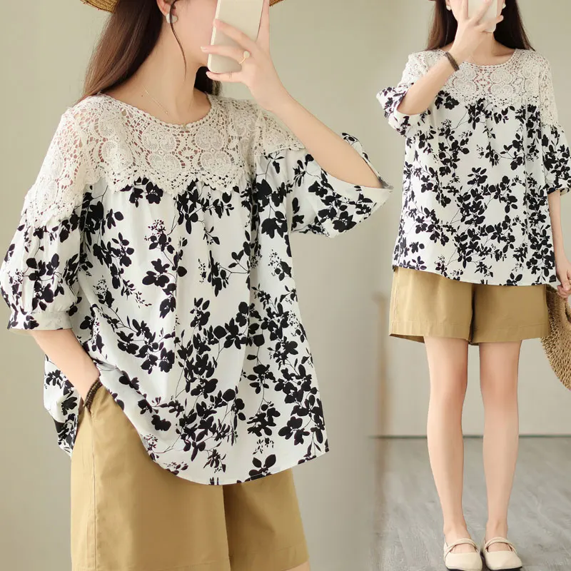 

Summer New plus Size Women's round Ne Lace Splicing Floral Print irt T-irt Loose Fit Breathable Cotton Casual Top