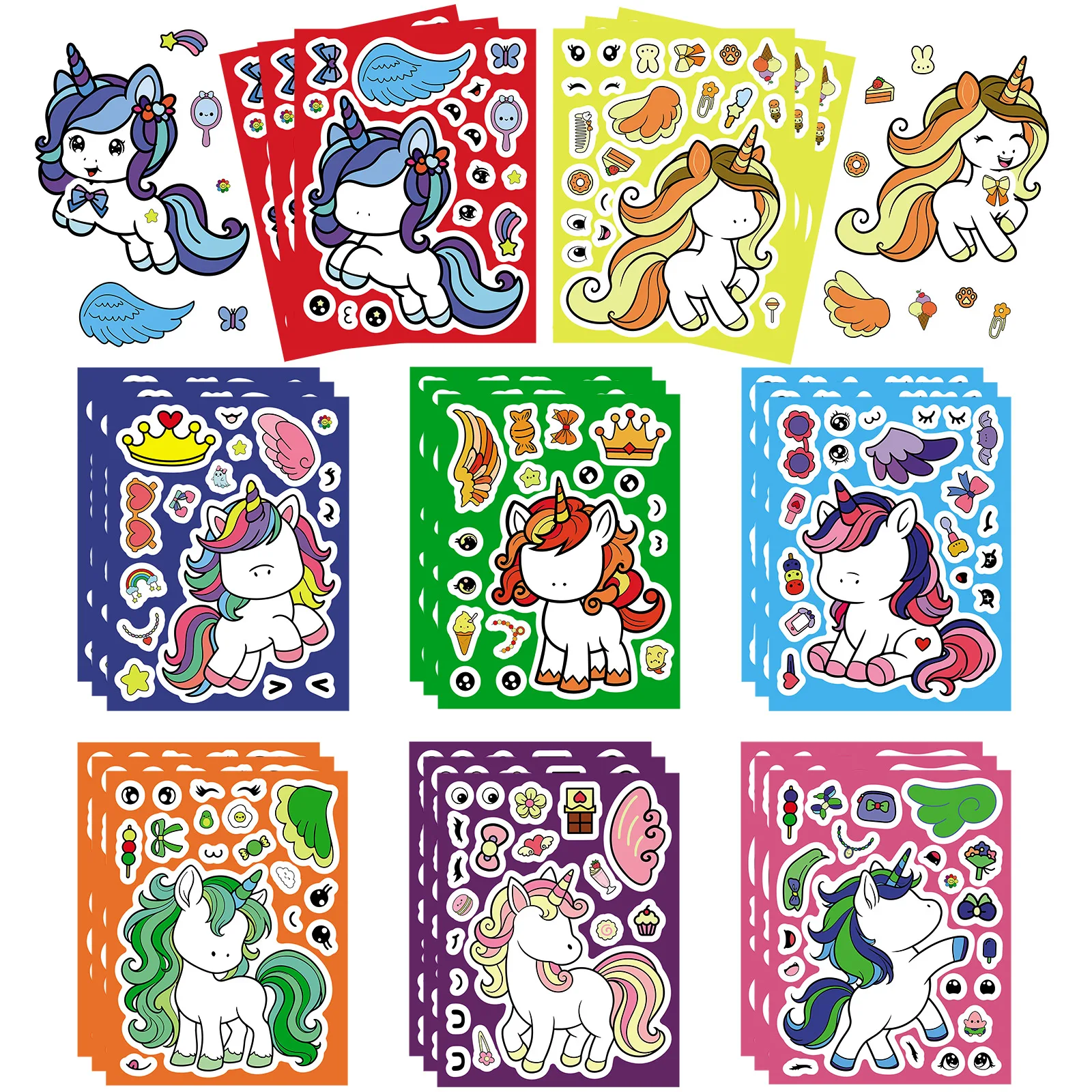 8/16 Blatt Niedliche Handgezeichnete Einhorn Make-a-Face Puzzle-Aufkleber DIY Laptop Gepäck Skateboard Graffiti-Sticker Spaßiges Geschenk für Kinder