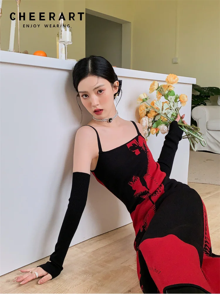 

CHEERART 3 Piece Knitted Sweater Slip Dress With Oversleeve And Cape Red Bodycon Tunics A Line Long Midi Winter Dress Designer