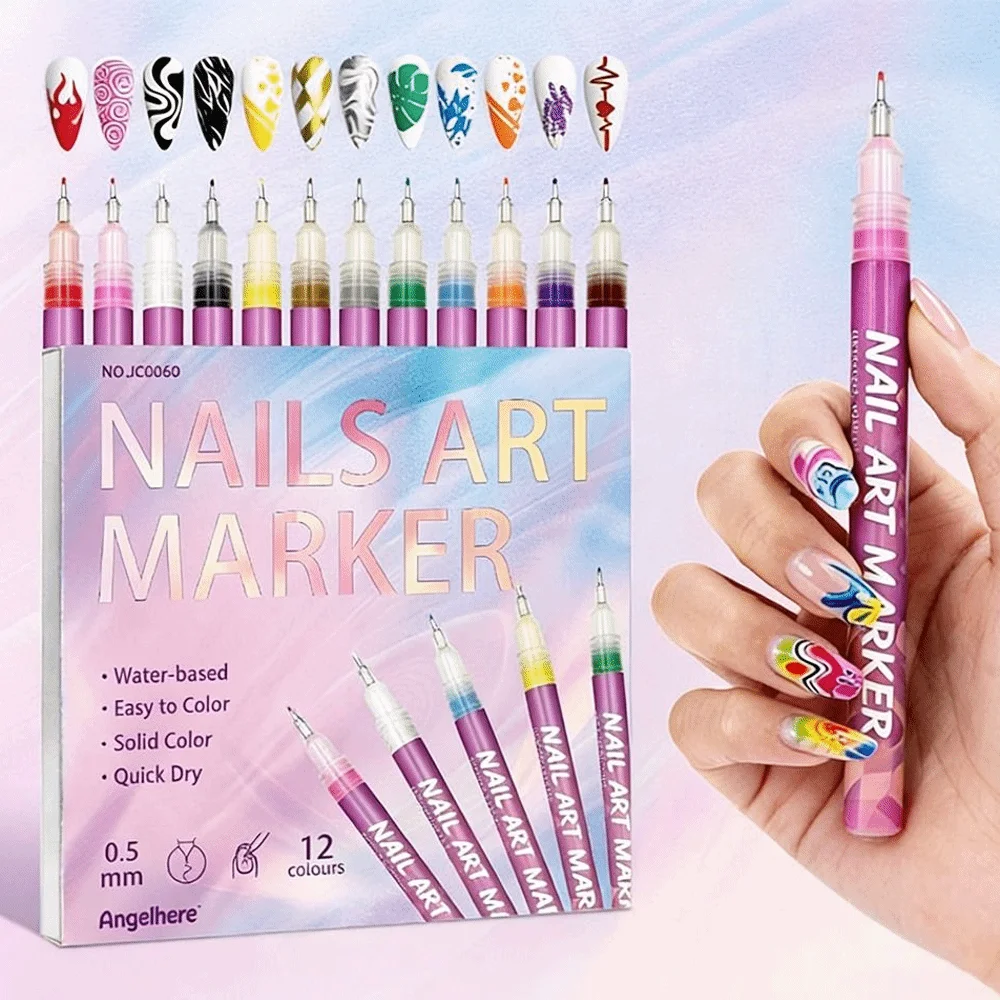 12 Colors Nail Art Graffiti Pens Waterproof Quick Drying Nail Marker Drawing Acrylic Paint 0.5mm Nail Doodle Pens DIY Nail Art