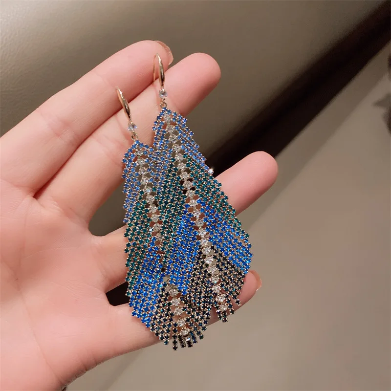 S2994 Dazzling Colorful Blue Feather Zircon Grab Chain Long Tassel Dangle Earrings Geometric Exaggerated Earrings