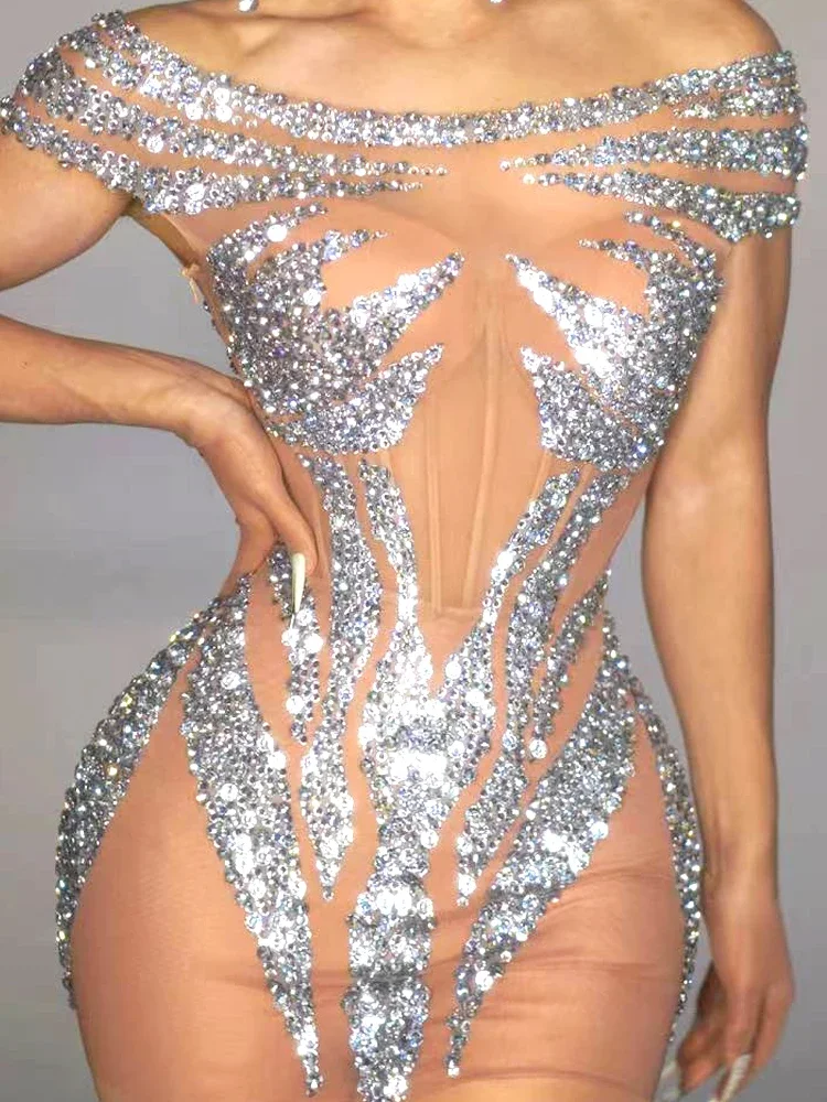 

Women Sexy Transparent Mesh Diamond Mini Dress Dancer Celebrity Bling Night Club Birthday Party Dress Stage Performance Costumes