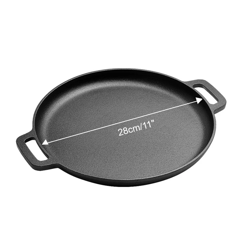 28cm Gusseisen-Bratpfanne Antihaft-Pizzapfanne Eierpfanne Pfannkuchenpfanne Steakpfanne Runde Grillplatte für Crêpes Pizza BBQ Camping Bratpfannen