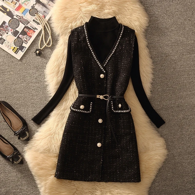 2025 Spring Autumn New Women's Dress Suit Small Fragrance Sleeveless Vest Dress 2PCS Long-Sleeved Sweater Temperament Dress Set
