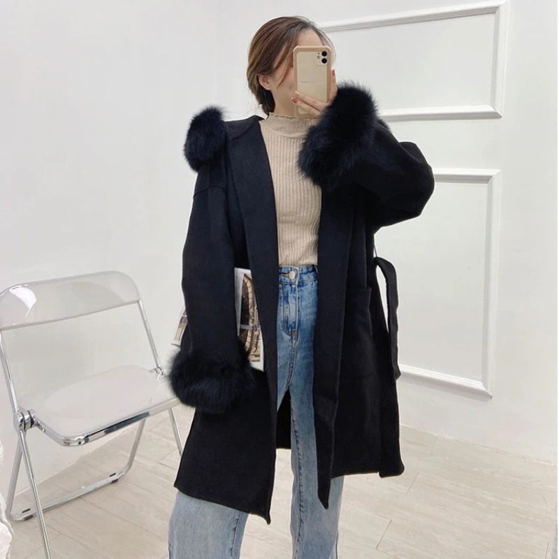 2024 Casual Winter Cashmere Coat Women Real Fur Coat Mid-length Wool Jacket Camel Black Outerwear Fox Fur Collar and Cuffs Belt