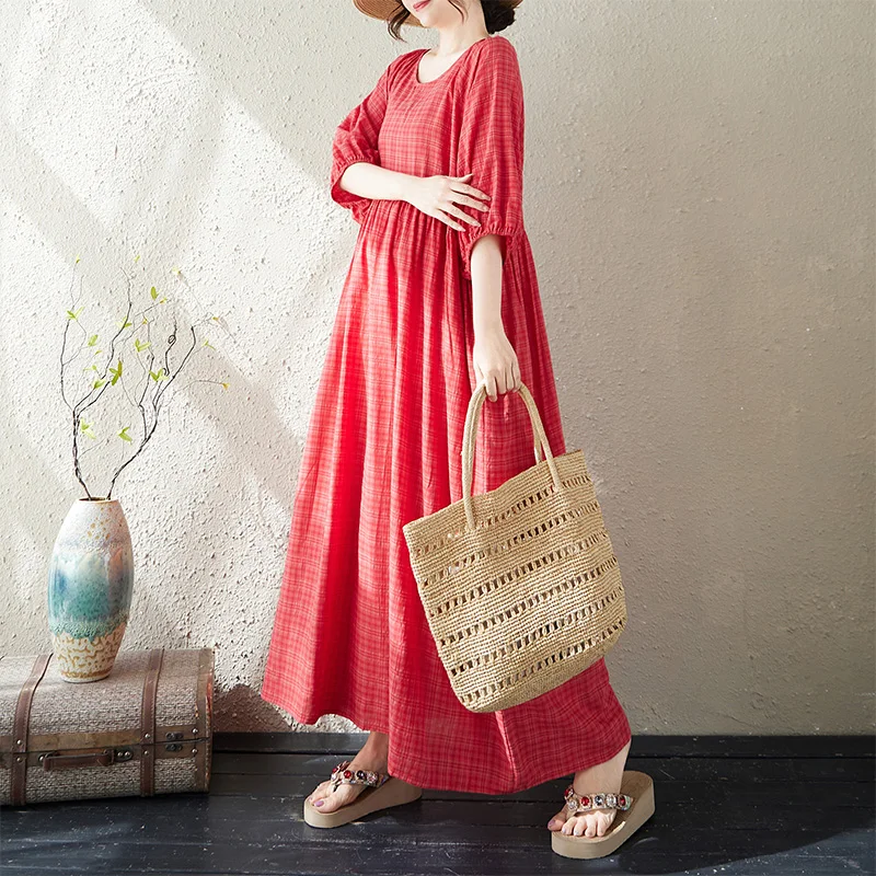 

Summer Artistic Style Orange And Dark Grid round Neck Lantern Sleeve Loose Slimming Large Size Women's Dress City Walk Cotton...