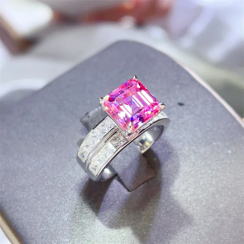 3 Carat Sapphire Real Moissanite Diamond Rings s925 Silver Pink Sea Blue Square Moissanite Plate Au750 Finger Ring Fine Jewelry