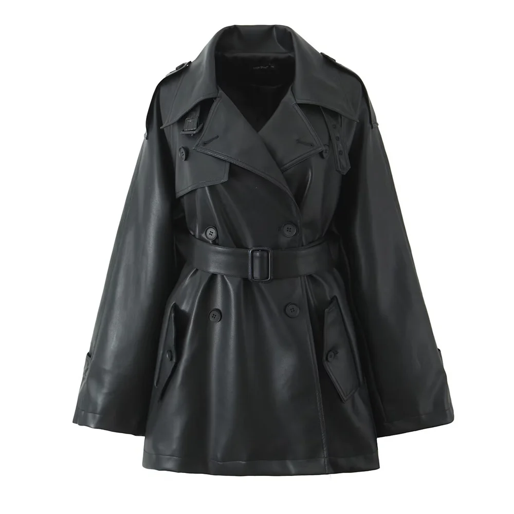 

Zach Ailsa Autumn New Product Women's Fashion Casual Black Long Sleeve Double breasted Belt PU Leather Jacket