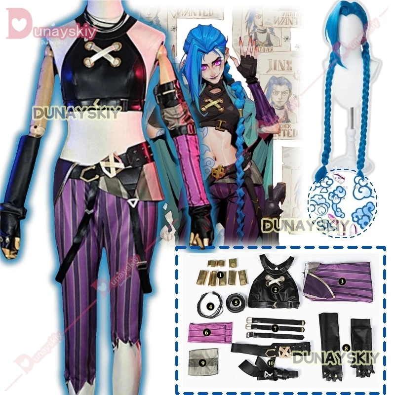 Jinx Cosplay LOL Costume Anime LOL Arcane Jinx Cosplay Uniforme Abiti 130 centimetri Parrucca di Carnevale di Halloween Vestito Costume di Alta Qualità