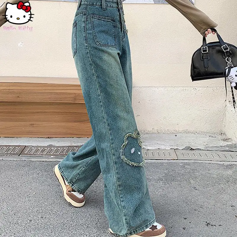 

Hello Kitty Girl Kawaii Cartoon Embroidered Denim Wide Leg Pants Anime Spring Autumn New Sanrio Fat Mm Large Size Straight Pants