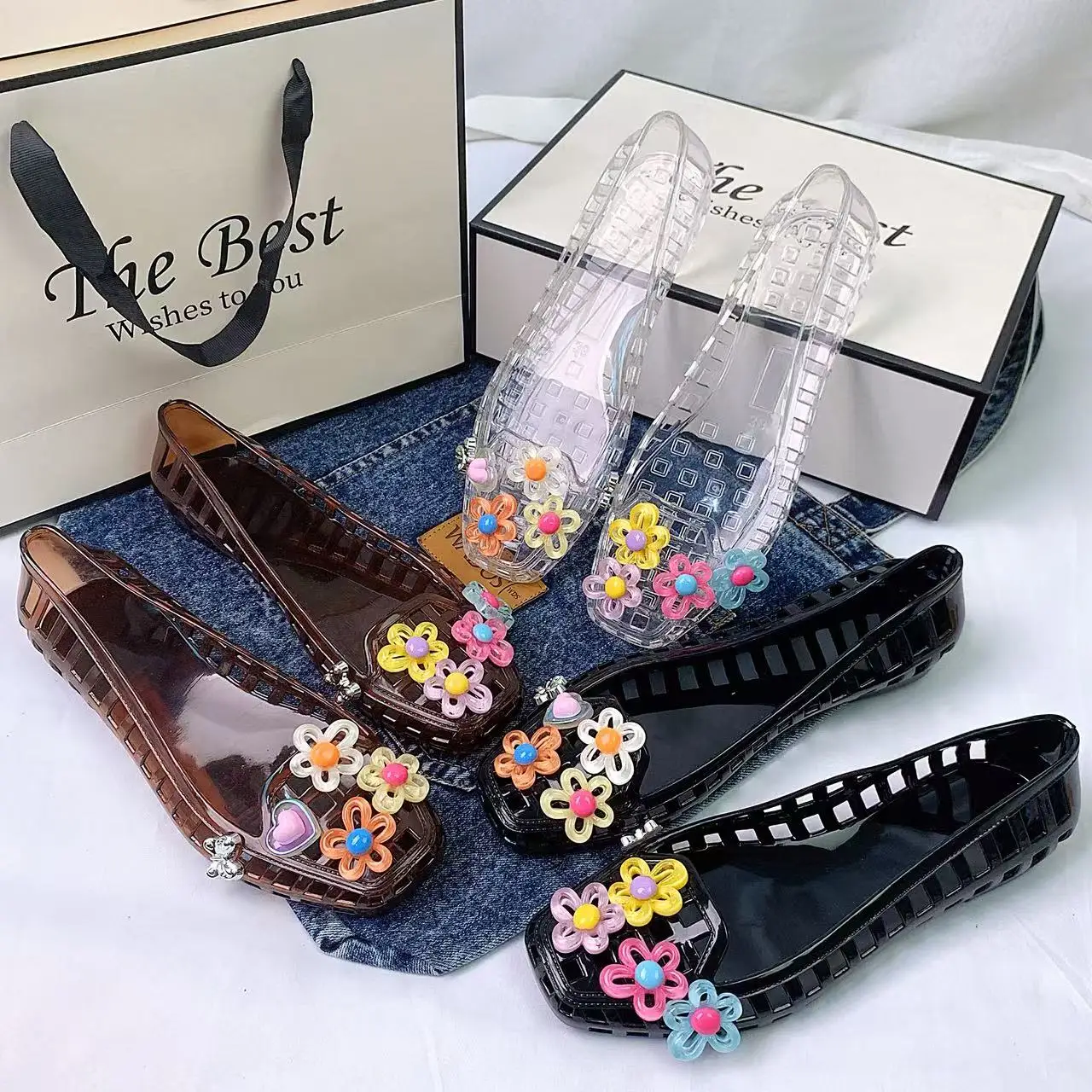 Fashionable Women's Shoes Jelly Crystal Shoes Women's Rainbow Flower Set Accessories Crystal Sandals Jelly Slip-On Slippers