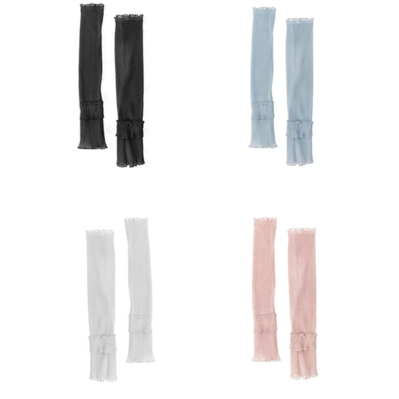 

39BC Stylish Loose Fit Cooling Arm Protectors For Women Summer Sports Black Polyester Fashionable Ruffle Design