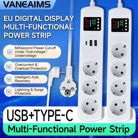 Protetor de Sobretensão/Subtensão com Tomada EU, Extensão de Cabo AC, Régua de Energia Ajustável 16A, Protetor contra Surto com 2 USB e 1 Tipo-C