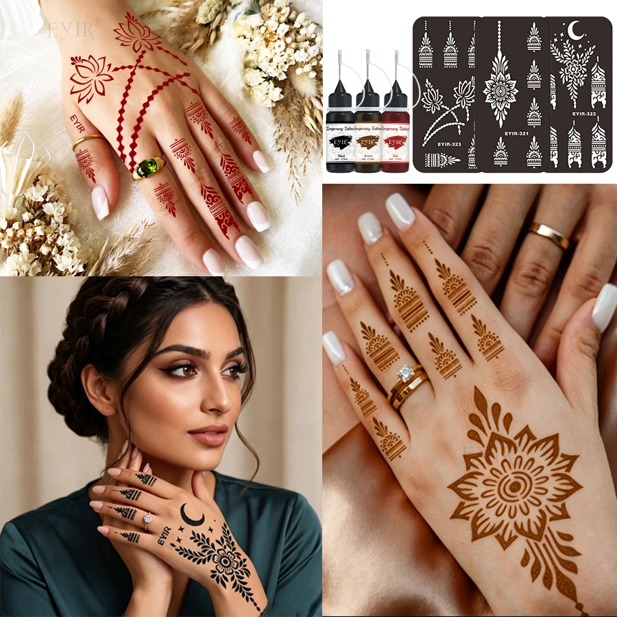 EYIR 5 Colors Henna Tattoo Paste Kit with Reusable Stencils Waterproof Temporary Mehndi Ink for Hand Body Art Festival DIY