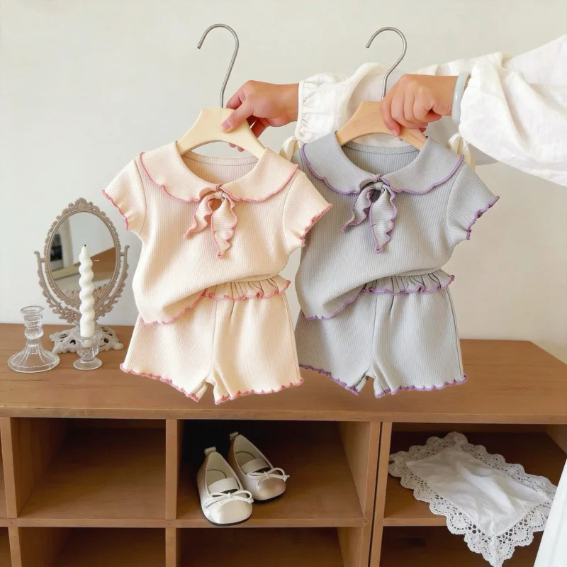 Girls' Set Baby Girl Bow Collar Elastic T-shirt Top Pants Stylish Comfortable Two-piece Set Toddler Baby Girl Outfit Set