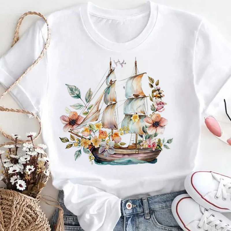 

Sailing Ship Floral Print Round Neck 90s T-Shirt Cute Graphic Top Women's Summer Printed Vacation Style Women's Trendy T-Shirt
