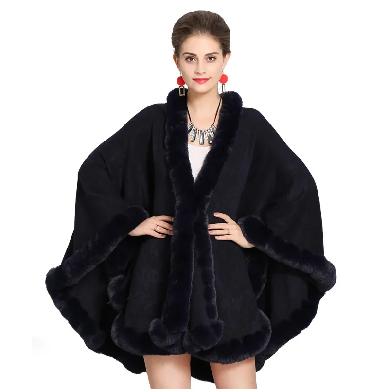 11 Colors Winter Big Pendulum Cloak Knitted Warm Thick Shawl Poncho Coat Women Hole Faux Fox Fur Collar Loose Cape