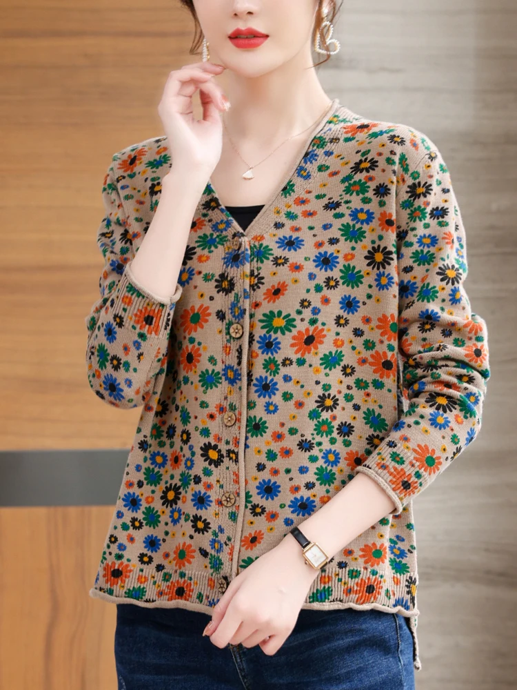 

Vintage Floral Print Female Cardigan Autumn Spring Knitted Sweaters Women Long Sleeve Tops V Neck Soft Cardigans Women