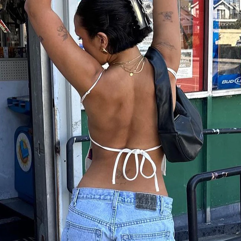 2024 Mode Witte Spaghettibandjes Camis Tops Vrouwen Rugloze Bandage Tank Top Zomer Veters Sexy Crop Top Clubkleding Streetwear