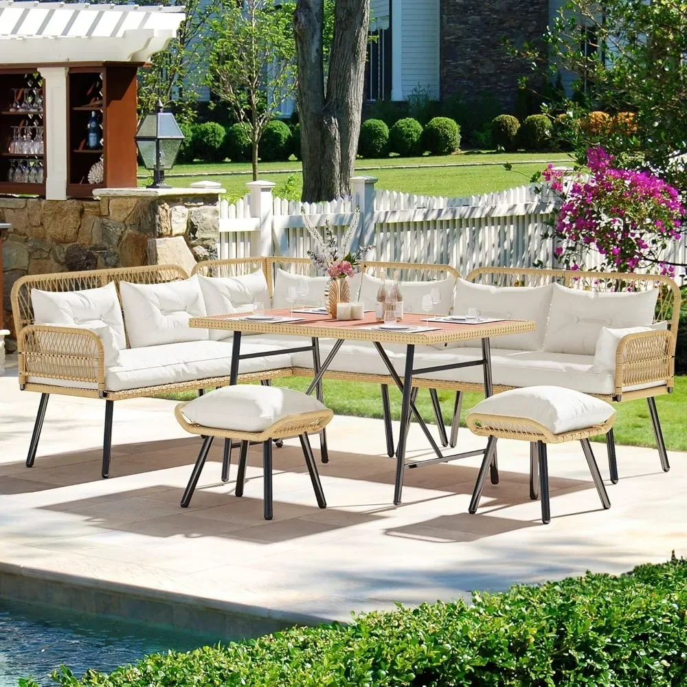 Outdoor Conversation Sofa Set for Backyard ,with Soft Cushions, L-Shaped Furniture Set ,Ottomans and Plastic Wood Dining Table