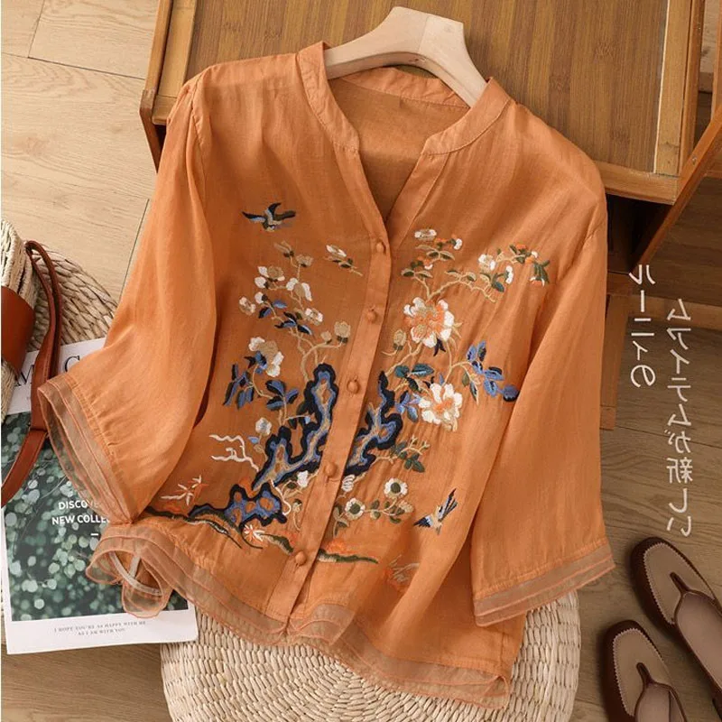 High-end Cotton and Linen Tops Female 2024 Summer New Embroidered Cardigan Shirt New Chinese Style Patchwork Bag Buckle Shirt