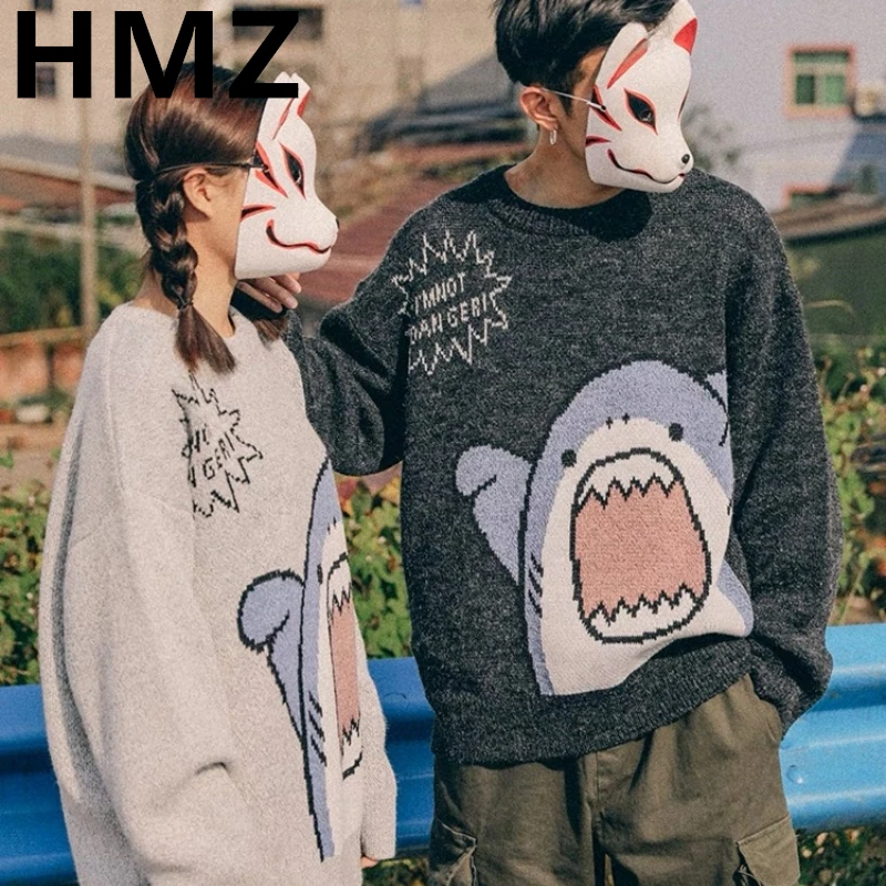 HMZ Couple Cartoon Shark Knitwear Sweater Winter Patchwork Harajuku Korean Style O Neck Oversized Grey Sweater Jumper For Men