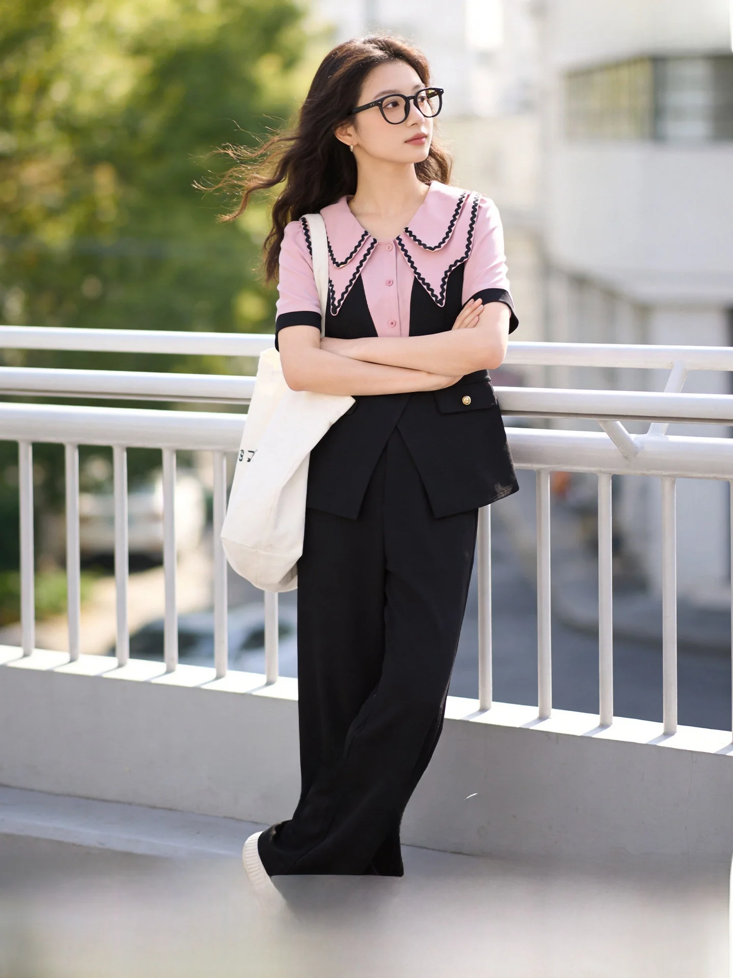 

plus Size Women's Suit Set Doll Collar Fake Two-Piece Straight Leg Pants Polyester Fiber Summer Collection Universal Fit