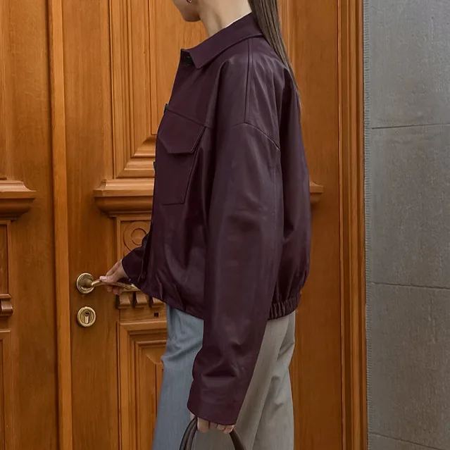 American Retro High Street Leather Jacket Women's Loose Short Style Autumn Winter Wine Red Motorcycle Fashion Outerwear