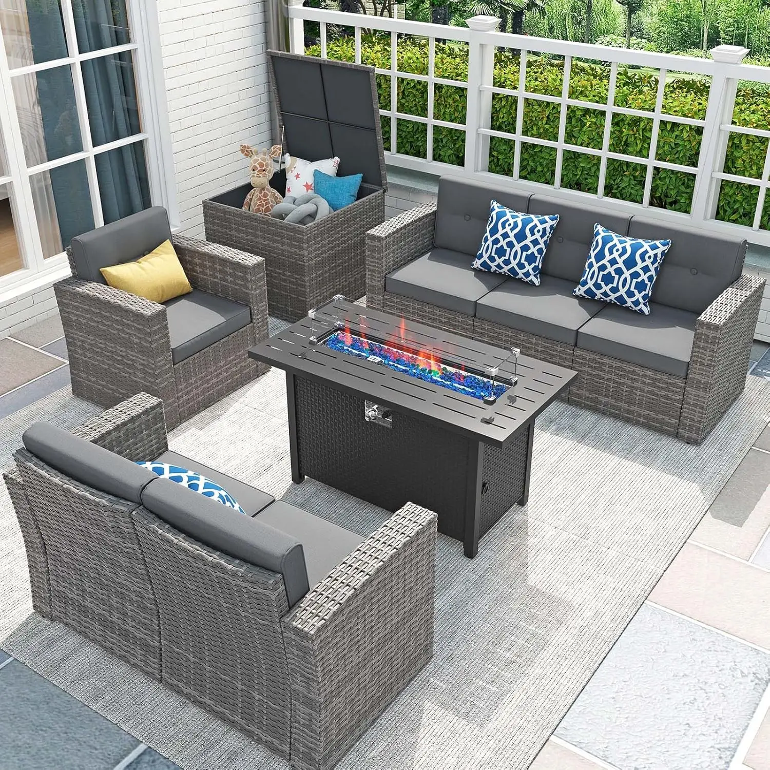 

8 Pieces Patio Furniture Set With 45” Fire Pit Table, Outdoor Conversation Set With Gas Fire Pit, Rattan, Customized