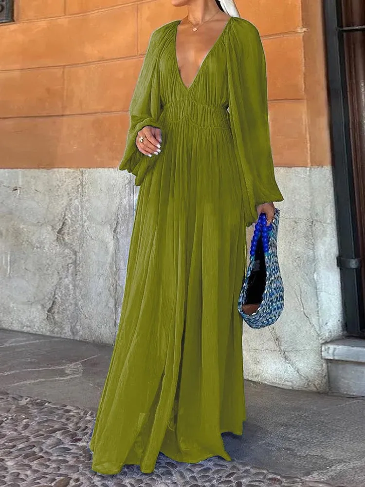 Abito da festa plissettato con scollo a V profondo sexy Abito lungo Boho a vita alta solido primaverile da donna Nuovo abito maxi con orlo a maniche lunghe autunnale