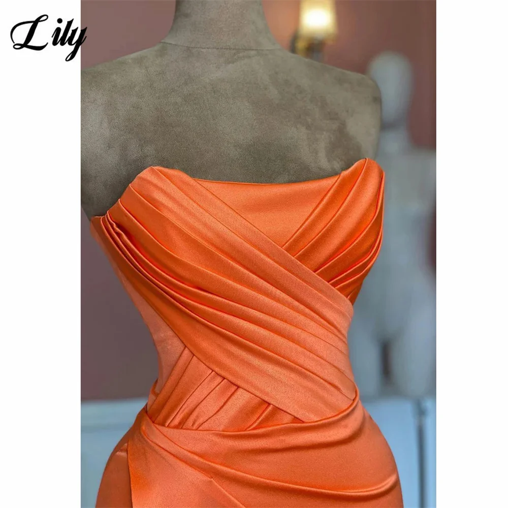 Lilie orange Ballkleid plissiert träger los ärmelloses Abendkleid Meerjungfrau Satin Party kleid sexy Seite hoch gespaltene Robe de Soirée