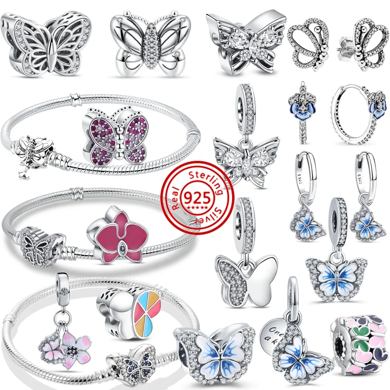 New Original 925 Sterling Silver Beautiful Butterfly Series Pendant Sparkling Fine Beads Fit Pandora Charms Bracelet DIY Jewelry