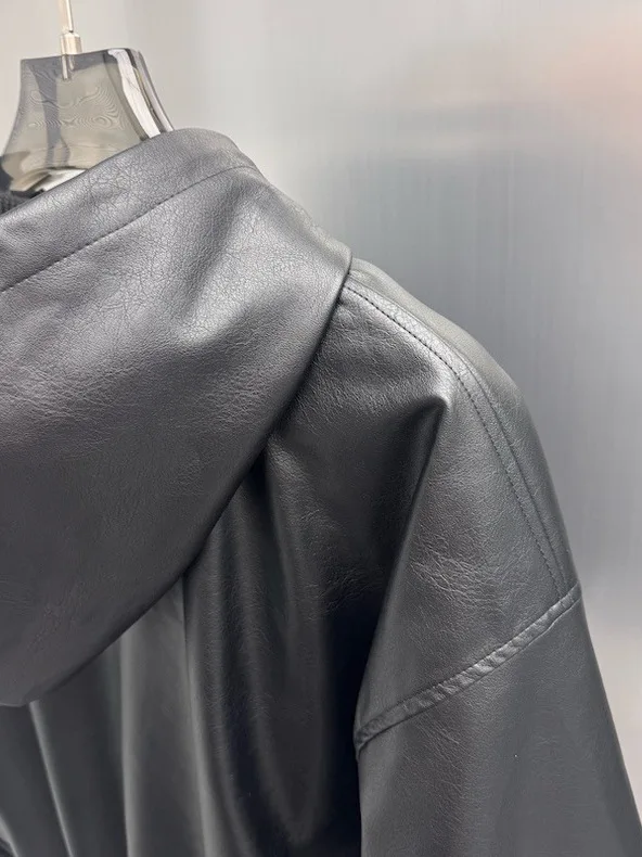 معطف رجالي من Oule Select بغطاء للرأس من جلد البولي يوريثان Jaet Dstring كاجوال فضفاض Sle طويل وسحاب للإغلاق لخريف وشتاء جديد... #5