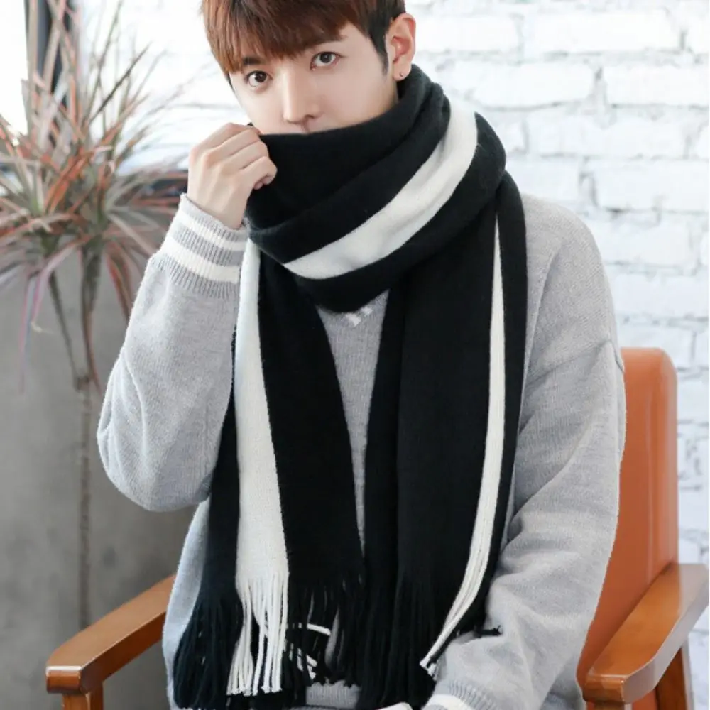 Elegant Korean Style Men Cashmere Scarf Windproof Thickened Long Wool Tassel Scarf Splicing Color Soft Winter Neckerchief Girls