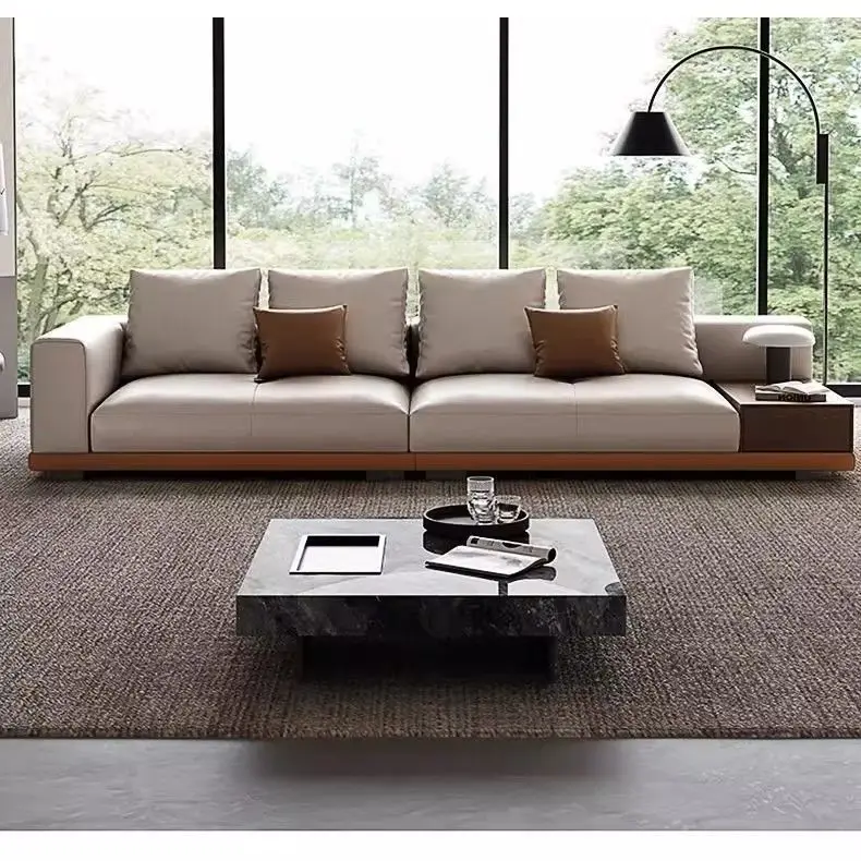 First layer leather sofa, solid wood simple Italian style, modern minimalist light luxury, straight row sofa 5