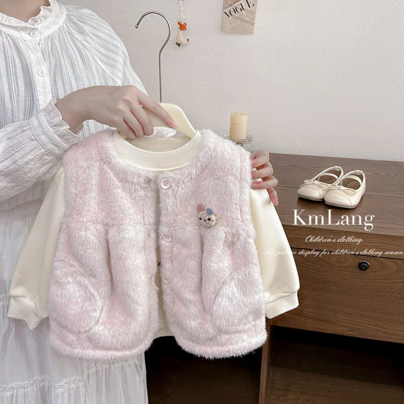 

Girls' Winter Coat2025Winter New Fashionable Cartoon Fleece Sweatshirt Pink Bunny Ears Furry Vest