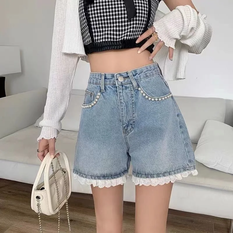 

Women's Light Wash Denim Shorts with Pearl & Lace Trim, High Waist Wide Leg Shorts, Cute Sweet Style Summer Jean Shorts