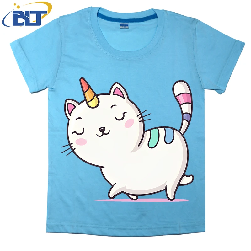 Camiseta con estampado de unicornio y gato para niños, tops informales de manga corta de algodón para niños y niñas, Verano