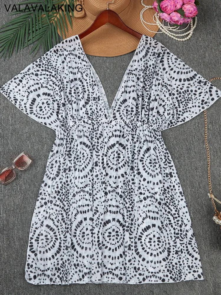 2025 Print Women Mesh Plus Size Cove Up Short Sleeve Large Big Beach Tunic Lady Chubby Beach Dress Brazilian Bikini Cover-Ups