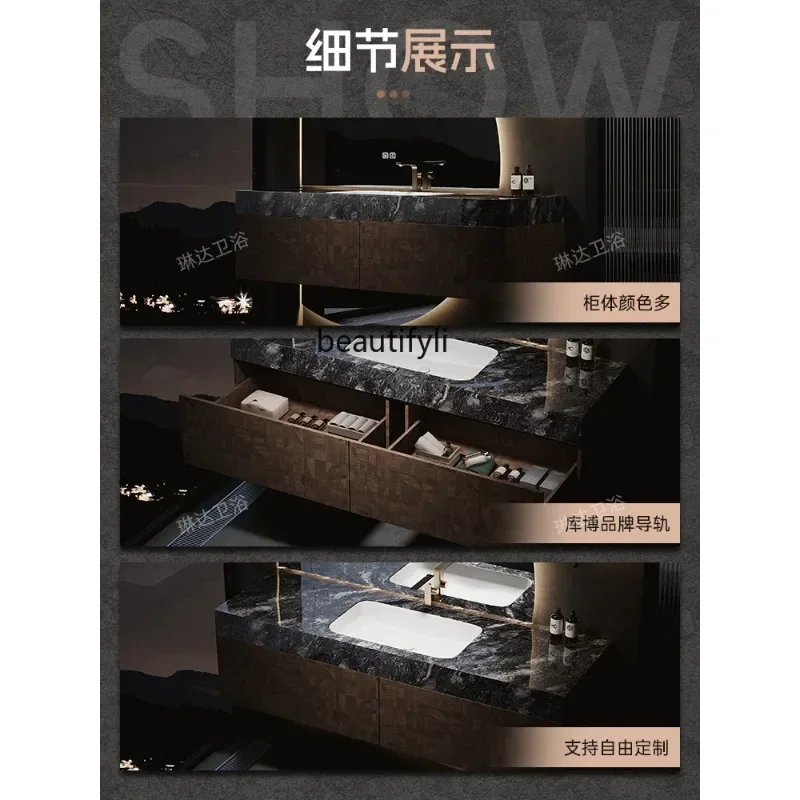 

Italian light luxury bathroom cabinet combination luxury stone seamless ceramic basin washbasin9344