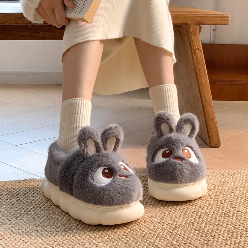 Cute Cartoon Rabbit Cotton Slippers For Women Winter House Shoes Warm Plush Thick Sole Anti-slip Female Home Floor Fluffy Slides view 3