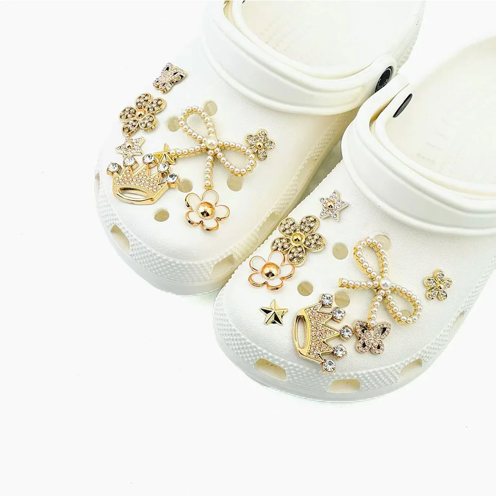 16/18PCS Summer Fashion Shoe Charms Set Accessories for Clogs Shoe Buckle Crown Diamond Pearl Chain DIY Shoes Decorations