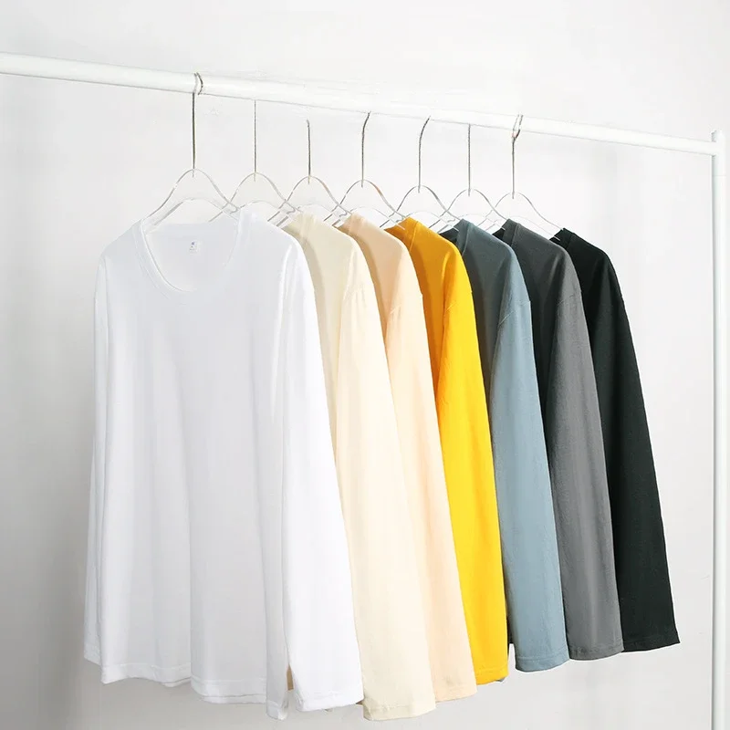 GELITAYIN Cotton Long-sleeved T-shirt Men's Solid Color Heavyweight O-neck Bottoming Shirt Spring Autumn Couple Casual Tops High