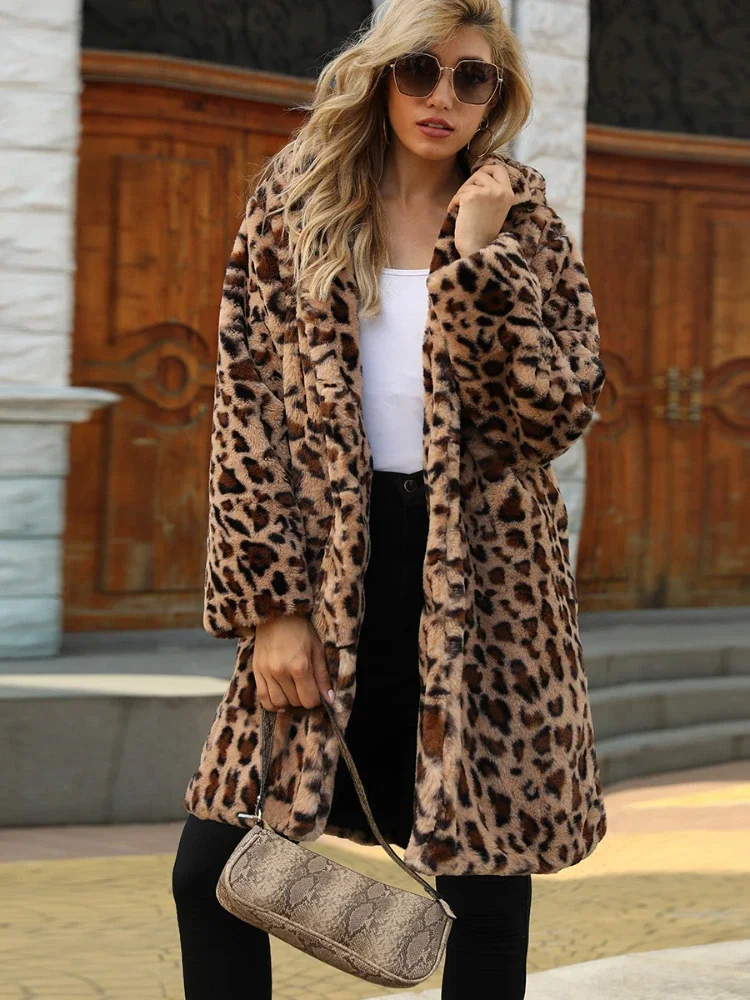 Women\'s Warm Faux Fur Long Coat Jackets Winter Leopard Leisure Long Jacket Women Thick Fluffy Luxury Bontjas Outerwear 2023