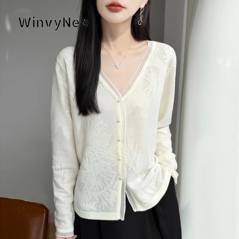 WinvyNee Women Knit Cardigan Fine Spun Wool Jacquard Lace V Neck Pearl Cuff Office Luxury Elegant Casual Thin Knit Top ZB1807032
